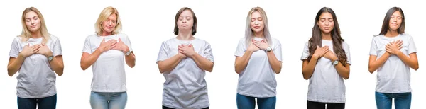 一群穿着白色 T恤的妇女在孤立的背景下微笑着 双手放在胸前 闭着眼睛 脸上带着感激的姿态 健康理念 — 图库照片