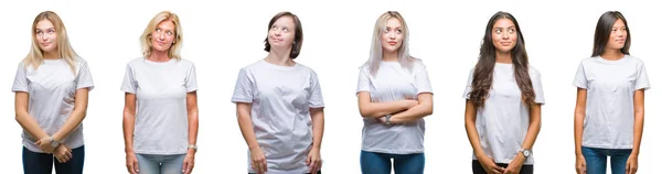 Collage Van Groep Vrouwen Dragen Witte Shirt Geïsoleerde Achtergrond Glimlachend — Stockfoto