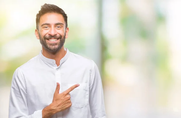 Adult Hispanic Man Isolated Background Cheerful Smile Face Pointing Hand — Stock Photo, Image