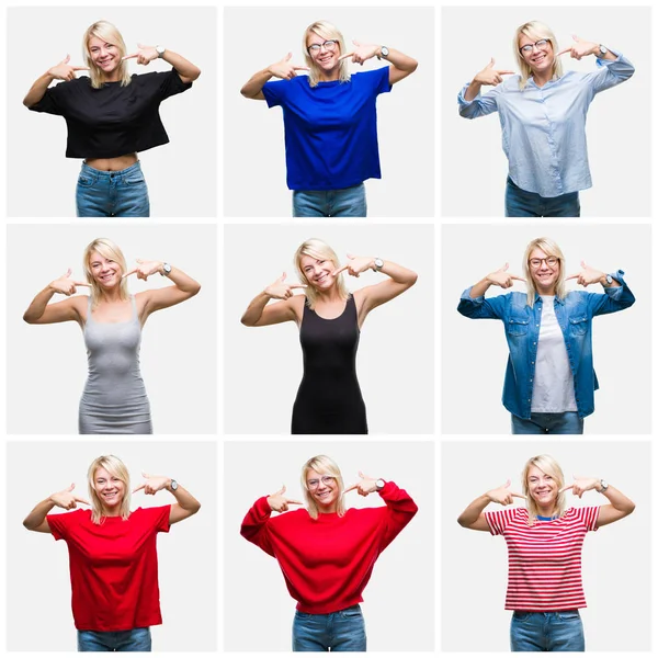 Collage Vacker Blond Kvinna Bär Differents Casual Ser Över Isolerade — Stockfoto