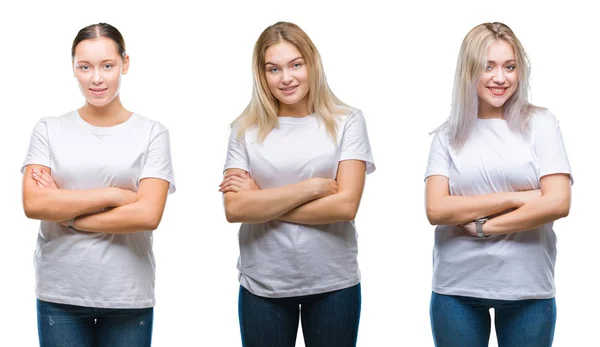 笑みを浮かべてカメラを見て組んだ腕分離背景幸せ顔に白い シャツを着た若い女性のグループのコラージュ 肯定的な人 — ストック写真