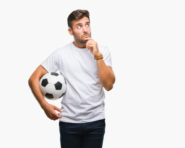 Молодой Красивый Мужчина Держит Футбольный Мяч Изолированном Фоне Серьезное Лицо — стоковое фото