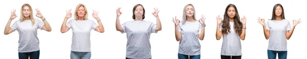 Collage Grupo Mujeres Con Camiseta Blanca Sobre Fondo Aislado Relajarse — Foto de Stock