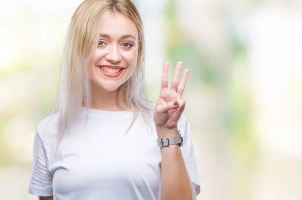 Mladá Blond Žena Izolované Pozadí Zobrazení Ukázal Prsty Číslo Tři — Stock fotografie