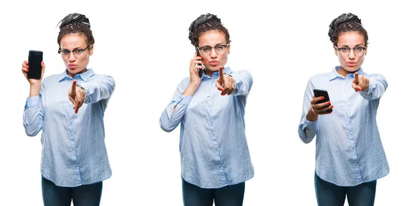 Collage Hermosa Mujer Negocios Afroamericana Usando Teléfono Inteligente Sobre Fondo —  Fotos de Stock