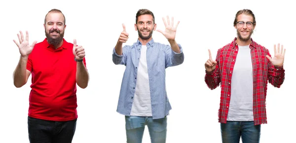 Kolaj Bir Grup Genç Adam Gösterilen Parmakları Ile Işaret Izole — Stok fotoğraf