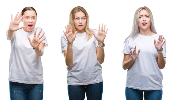 ショックで叫び恐れ 恐怖の手で恐怖式停止ジェスチャーで分離の背景に白い シャツを着た若い女性のグループのコラージュ パニックのコンセプト — ストック写真
