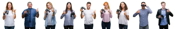 Collage Group People Looking Binoculars Isolated Background Happy Big Smile — Stock Photo, Image