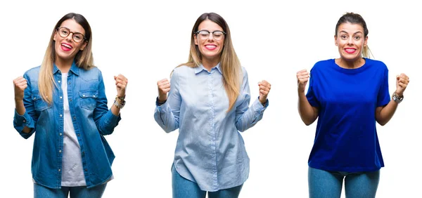 Collage Joven Hermosa Mujer Con Gafas Sobre Fondo Aislado Emocionado — Foto de Stock