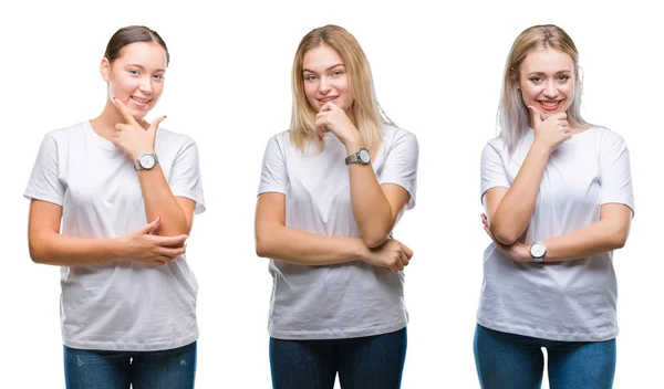 Colagem Grupo Mulheres Jovens Vestindo Camiseta Branca Sobre Fundo Isolado — Fotografia de Stock