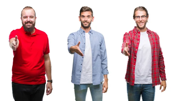 Collage Grupp Unga Män Över Isolerade Bakgrund Leende Vänliga Erbjudande — Stockfoto