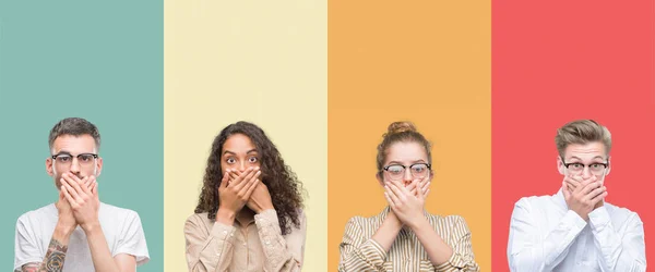 Colagem Grupo Pessoas Isoladas Sobre Contexto Colorido Chocou Boca Cobertura — Fotografia de Stock