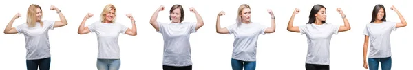 一群穿着白色 T恤的女性在孤立的背景下展示手臂肌肉微笑自豪 健身理念 — 图库照片