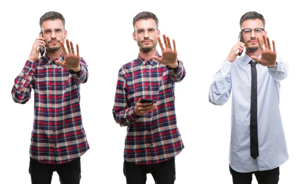 Collage Van Jonge Zakenman Werken Gebruikend Smartphone Witte Geïsoleerde Achtergrond — Stockfoto