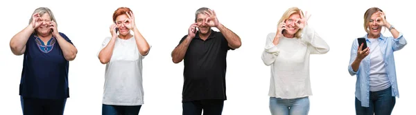 Collage Van Groep Van Middelbare Leeftijd Senior Mensen Smartphone Geïsoleerde — Stockfoto