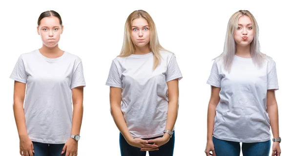 Collage Grupo Mujeres Jóvenes Con Camiseta Blanca Sobre Fondo Aislado — Foto de Stock