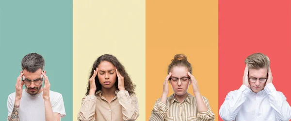 Colagem Grupo Pessoas Isoladas Sobre Fundo Colorido Com Mão Cabeça — Fotografia de Stock