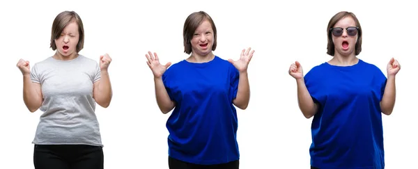 Colagem Mulher Para Baixo Síndrome Sobre Fundo Isolado Celebrando Louco — Fotografia de Stock