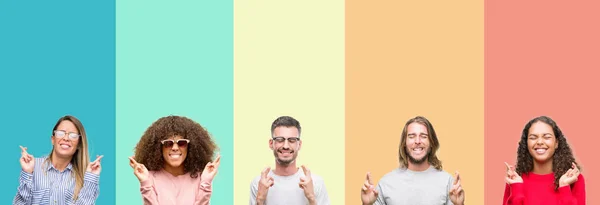 Collage Group Young People Colorful Vintage Isolated Background Smiling Crossing — Stock Photo, Image