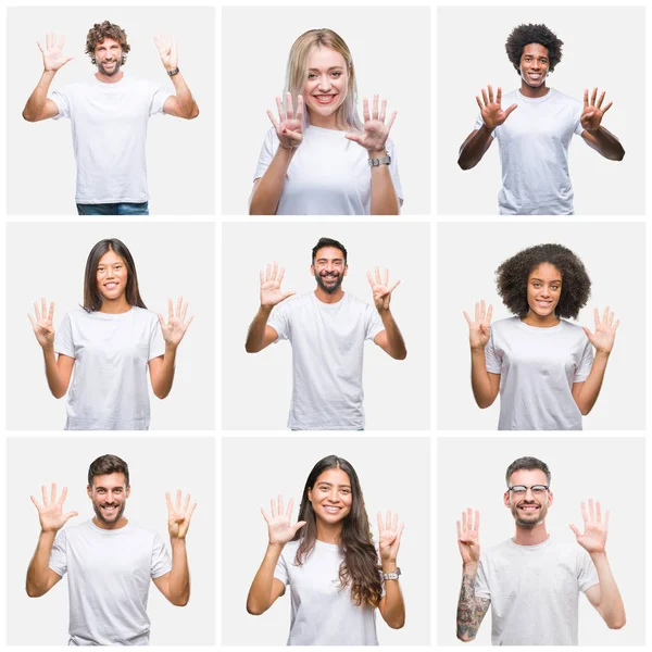 Colagem Grupo Pessoas Vestindo Camiseta Branca Casual Sobre Fundo Isolado — Fotografia de Stock