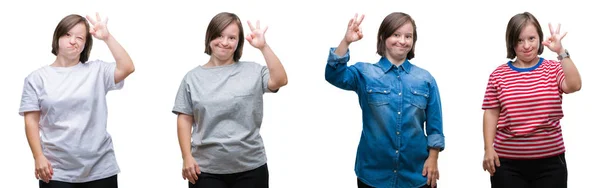 Colagem Mulher Para Baixo Síndrome Sobre Fundo Isolado Sorrindo Positivo — Fotografia de Stock