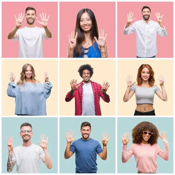 一群年轻人的男女在五颜六色的孤立背景下 一边用手指显示和指着九号 一边微笑着自信和快乐 — 图库照片