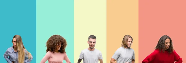 Collage Grupp Ungdomar Över Färgglada Vintage Isolerade Bakgrund Med Handen — Stockfoto