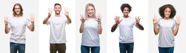 Colagem Grupo Jovens Vestindo Camiseta Branca Sobre Fundo Isolado Mostrando — Fotografia de Stock