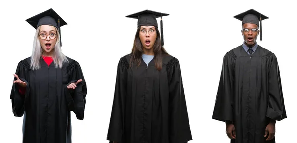 若い学生人以上卒業大学の制服を着てのグループのコラージュ分離恐れ 驚きの表現 恐怖と興奮した顔でショックを受けた背景 — ストック写真