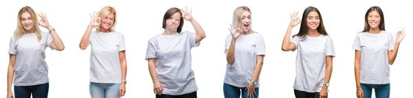 Collage Grupo Mujeres Con Camiseta Blanca Sobre Fondo Aislado Sonriendo —  Fotos de Stock