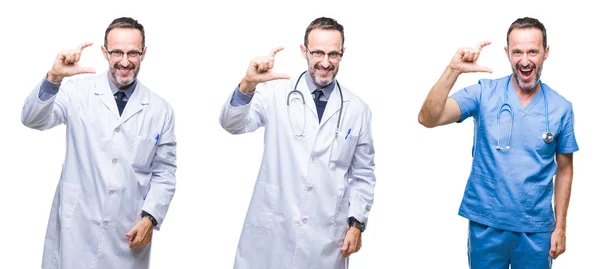Koláž Hezký Senior Otřepané Lékař Muže Uniformě Chirurg Usmívá Izolovaná — Stock fotografie