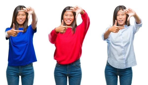 Collage Van Aziatische Jonge Vrouw Boven Witte Geïsoleerde Achtergrond Glimlachend — Stockfoto