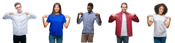 アジア アフリカ系アメリカ人若者の顔に笑顔と自信を持って 誇りと幸せな指で自分を指して孤立の背景の上のグループのコラージュ — ストック写真