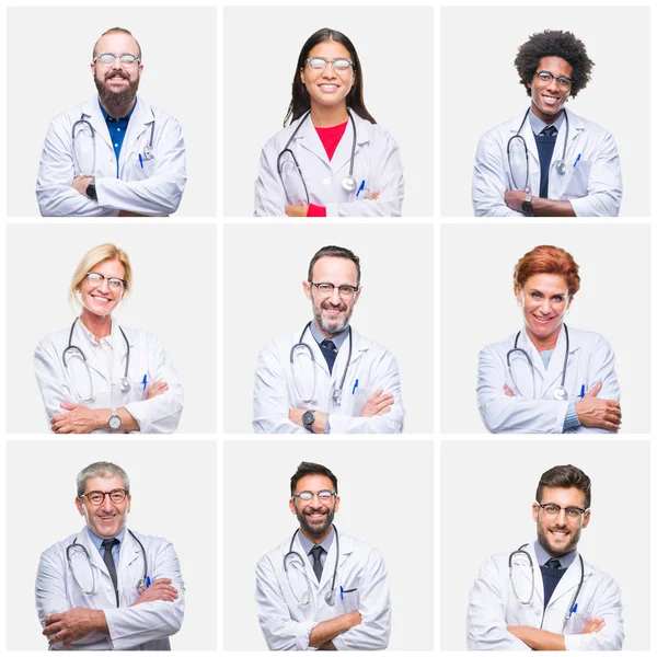 Kolaż Grupa Ludzi Lekarz Sobie Stetoskop Nad Białym Tle Szczęśliwy — Zdjęcie stockowe