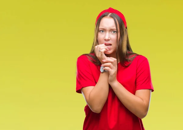 Young Caucasian Beautiful Woman Isolated Background Looking Stressed Nervous Hands — Stock Photo, Image