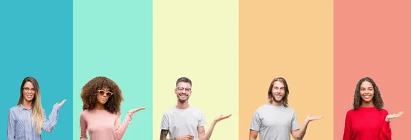 Collage Grupp Ungdomar Över Färgglada Vintage Isolerade Bakgrund Leende Glada — Stockfoto