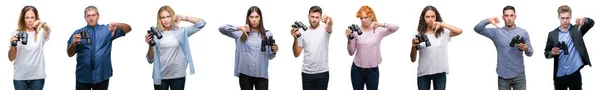 Колаж Групи Людей Переглядають Бінокль Ізольованому Тлі Розлюченим Обличчям Негативний — стокове фото