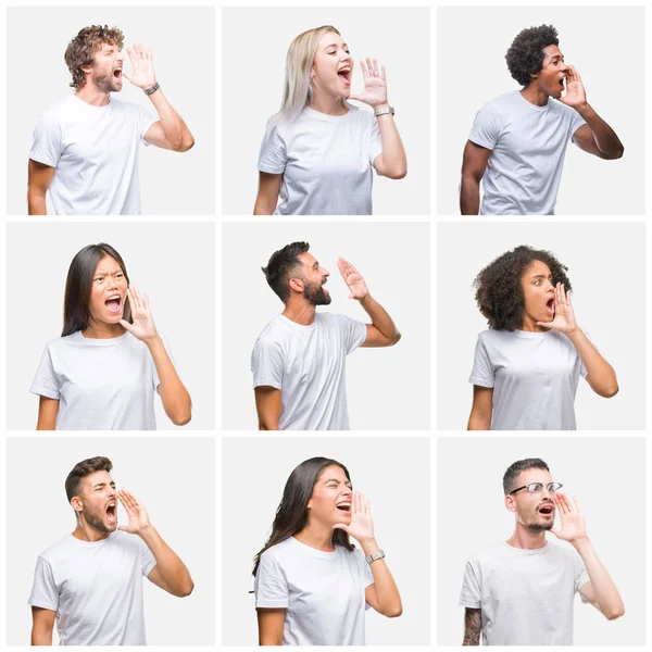 Collage Van Groep Mensen Dragen Casual Wit Shirt Geïsoleerde Achtergrond — Stockfoto