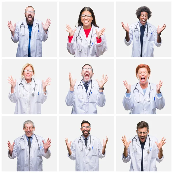 Collage Gruppen Läkare Människor Bär Stetoskopet Över Isolerade Bakgrund Firar — Stockfoto