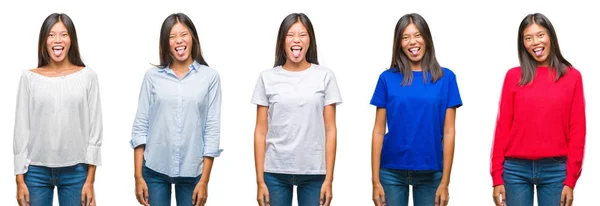 Skład Chiński Asian Kobieta Białym Tle Trzymanie Języka Out Wyrażenie — Zdjęcie stockowe