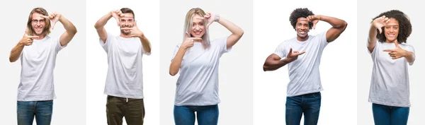 Collage Grupo Jóvenes Con Camiseta Blanca Sobre Fondo Aislado Sonriendo —  Fotos de Stock