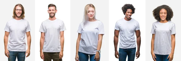 セクシーな表情 明るく 幸せな顔でカメラを見てウィンクしている分離の背景に白い シャツを着た若者のグループのコラージュ — ストック写真