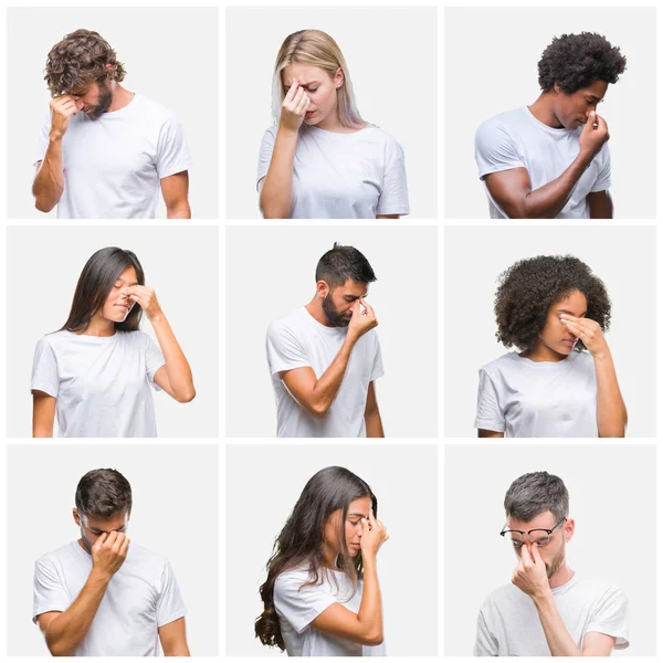 Collage Van Groep Mensen Dragen Casual Wit Shirt Geïsoleerde Achtergrond — Stockfoto