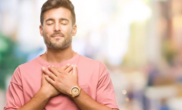 Jeune Homme Beau Sur Fond Isolé Souriant Avec Les Mains — Photo