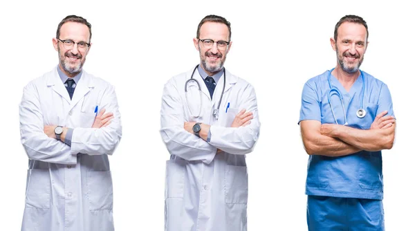 Collage Handsome Senior Hoary Doctor Man Wearing Surgeon Uniform Isolated — Stock Photo, Image