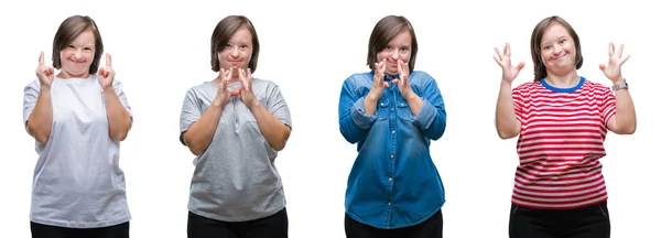 Collage Van Beneden Sydrome Vrouw Geïsoleerde Achtergrond Glimlachend Kruising Vingers — Stockfoto