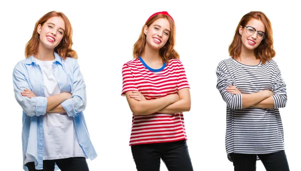 Colagem Jovem Mulher Ruiva Bonita Sobre Fundo Isolado Rosto Feliz — Fotografia de Stock