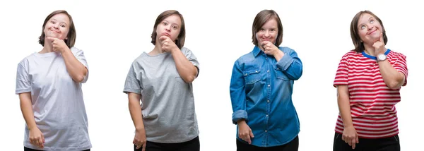 Collage Van Beneden Sydrome Vrouw Geïsoleerde Achtergrond Zoek Vertrouwen Camera — Stockfoto