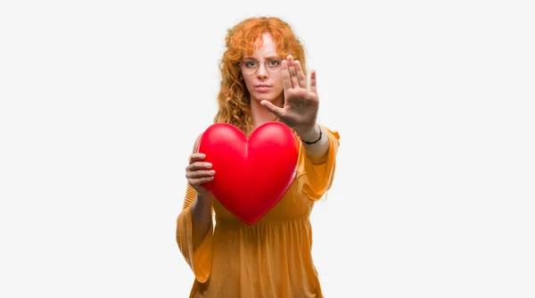 Young Redhead Woman Love Holding Red Heart Open Hand Doing — Stock Photo, Image