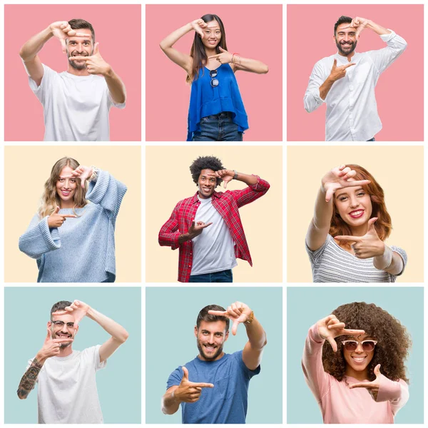 Collage Gruppo Giovani Donna Uomini Sfondo Colorato Isolato Sorridente Facendo — Foto Stock